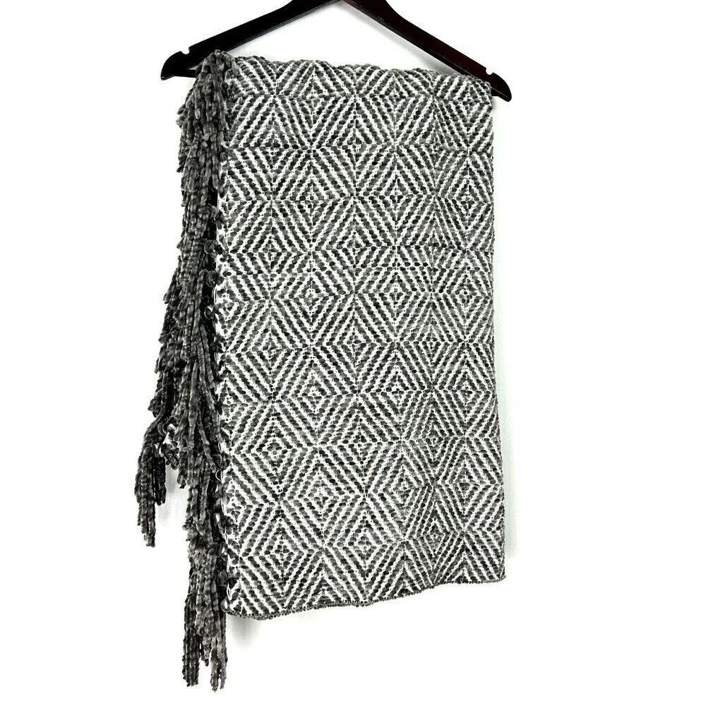Kirklands Charcoal Gray Chenille Throw Blanket Diamond Fringe Reversible 50x60